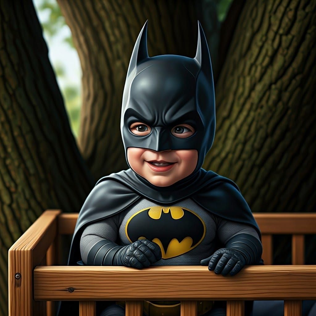 Surreal Closeup of Happy Baby Batman in Woodland Treehouse