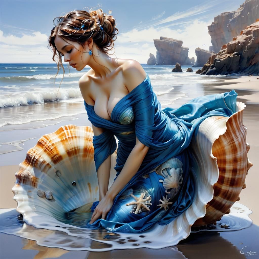 Anime Woman in Seashell: Colorful Matte Painting