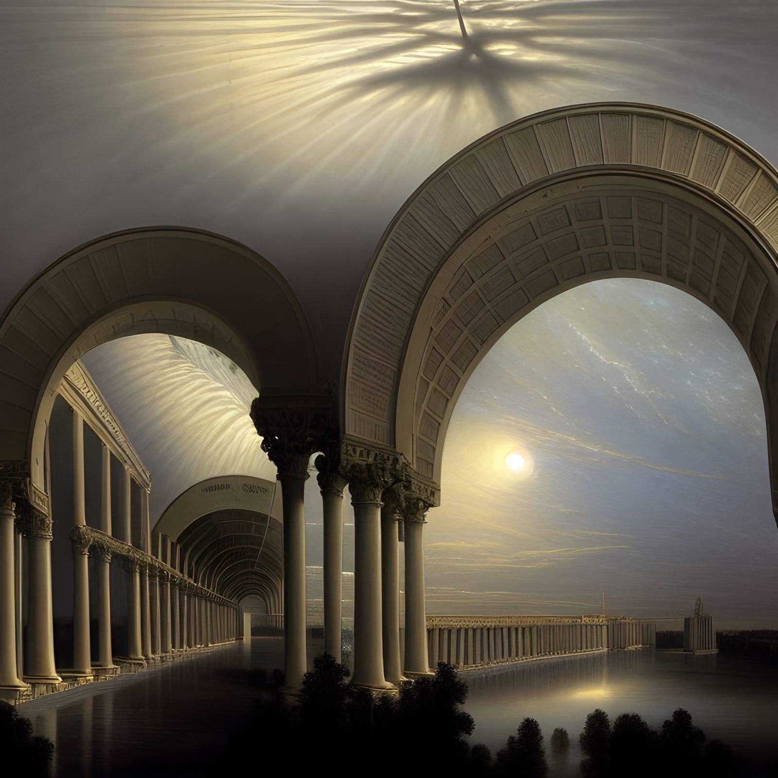 Surreal Aerial View of Arch Network with Tall Beings