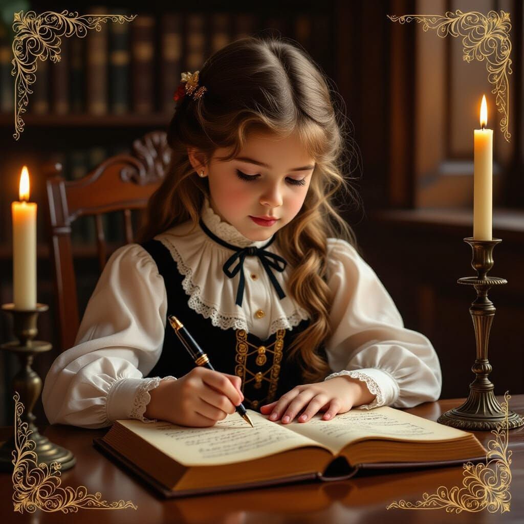 Young Girl Writes in Vintage Book by Candlelight
