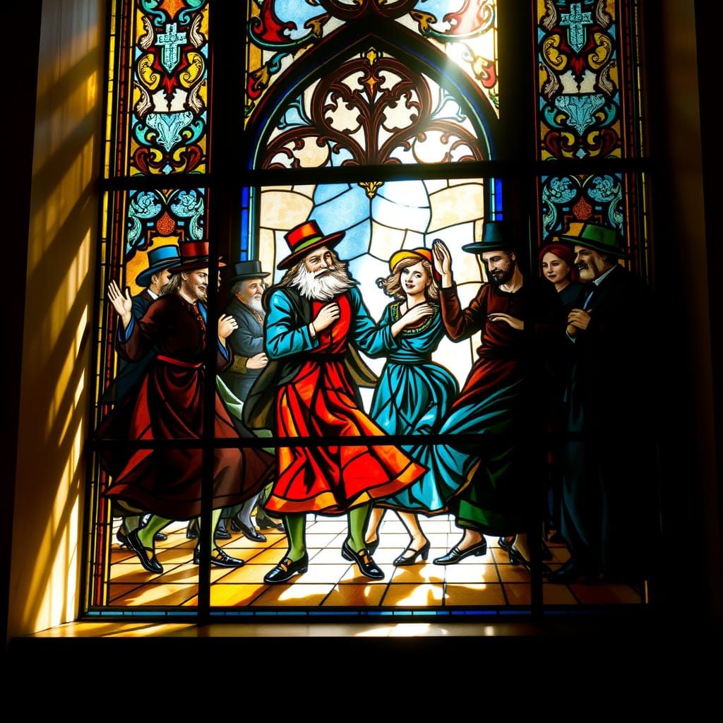 Italian Stained Glass Window of Dancing Hasidim