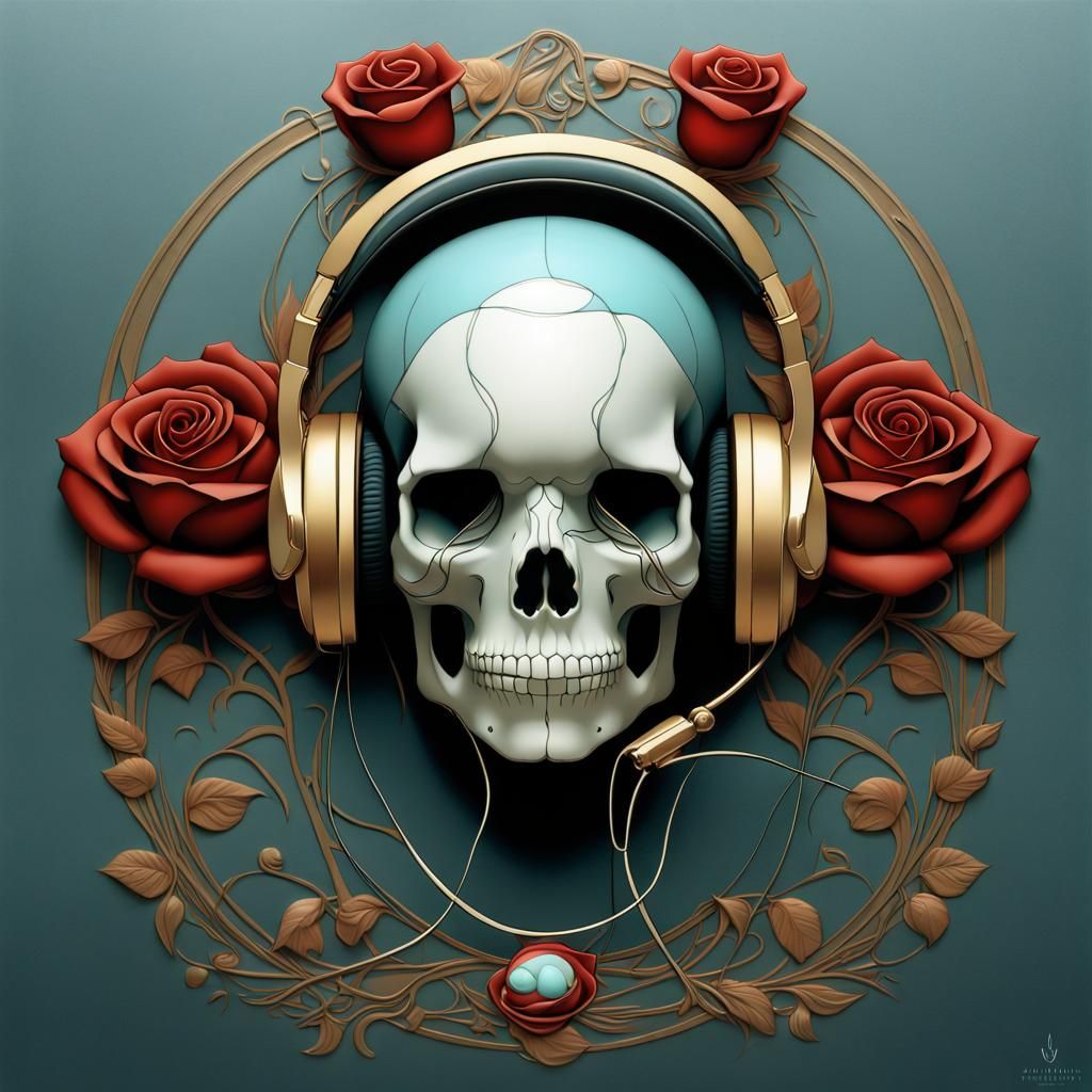 Skull with Headphones in Art Nouveau Style