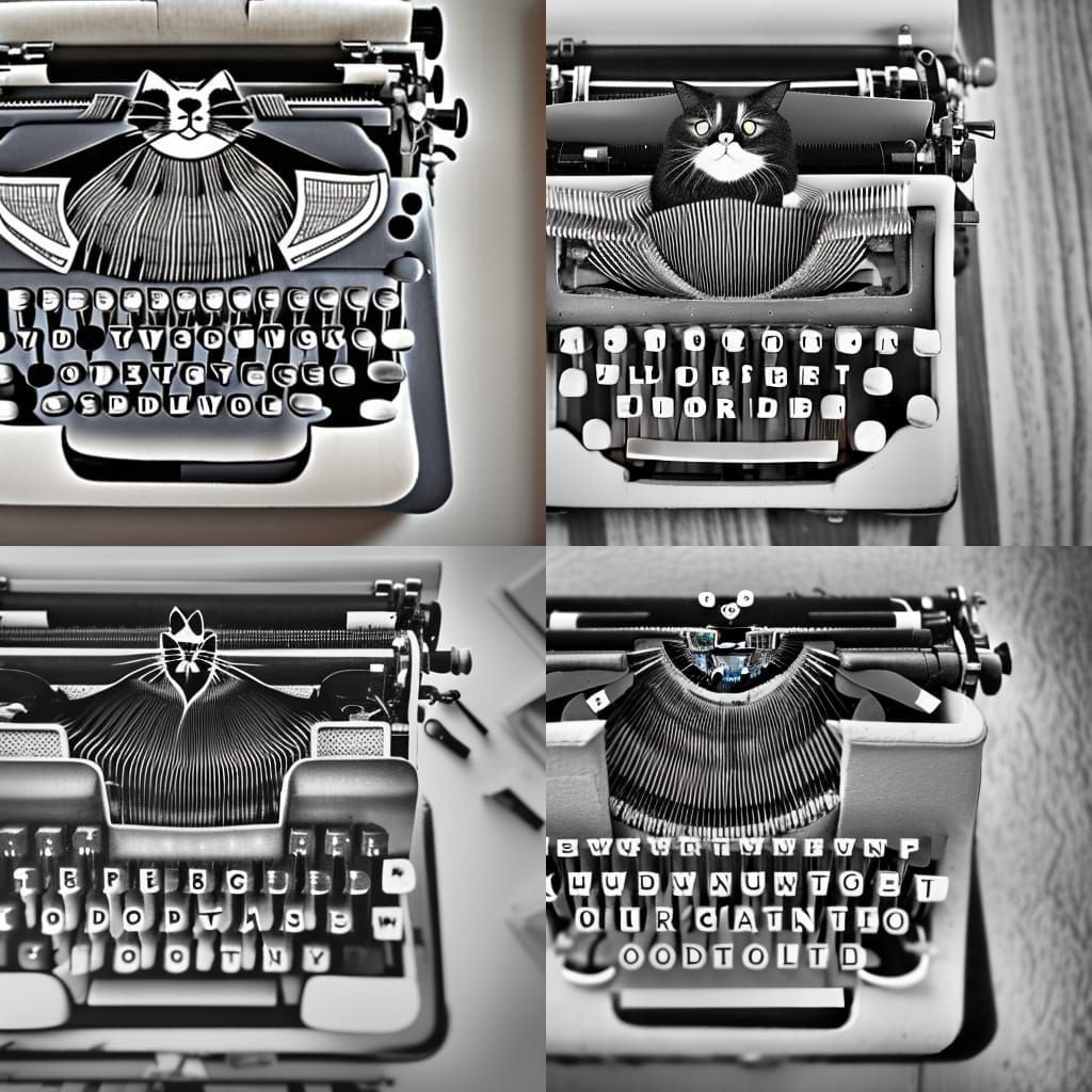 Cat Typing on Typewriter in Book Filled Office