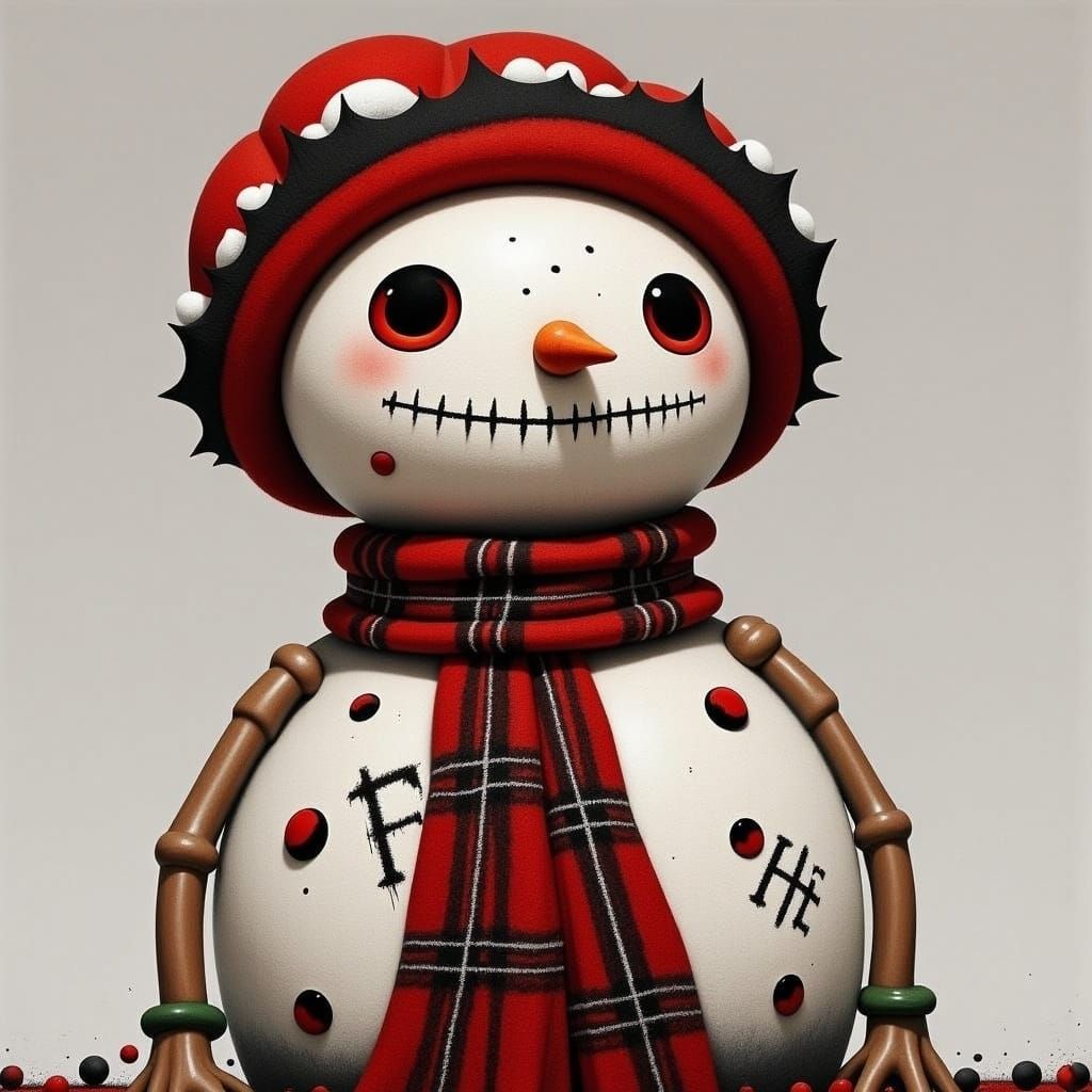 Surreal 3D Muslin Snowman with Red Plaid Scarf