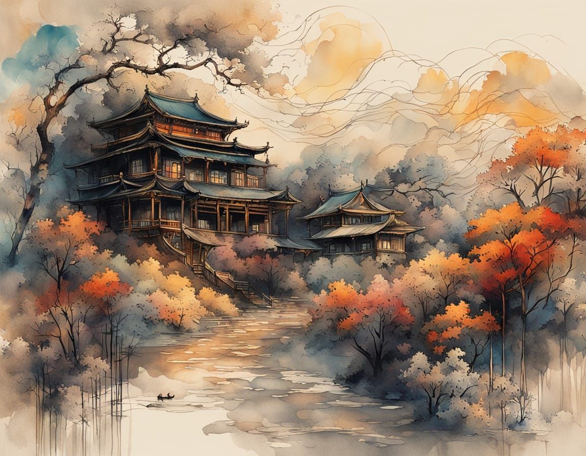 Mystical Twilight Ink Sketch in Vintage Style