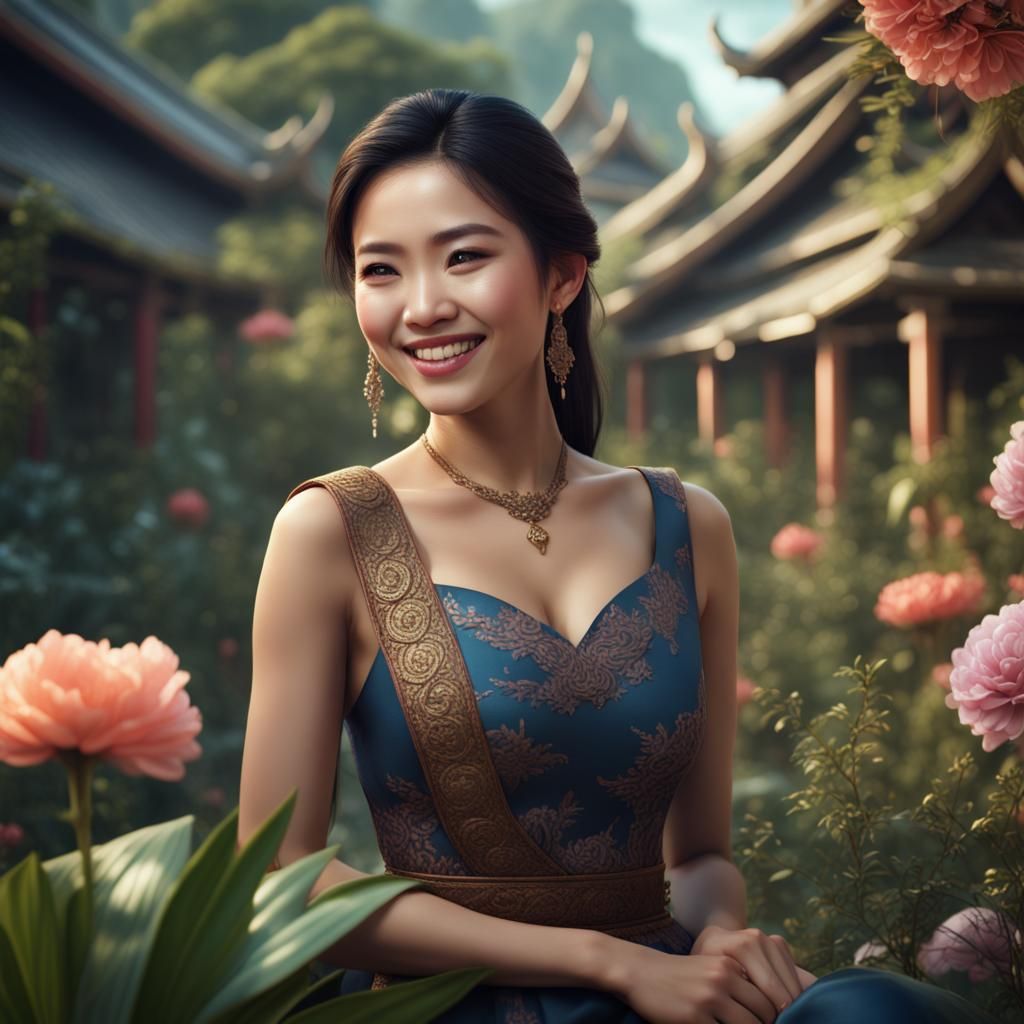 Smiling Thai Woman in a Fantastical Garden