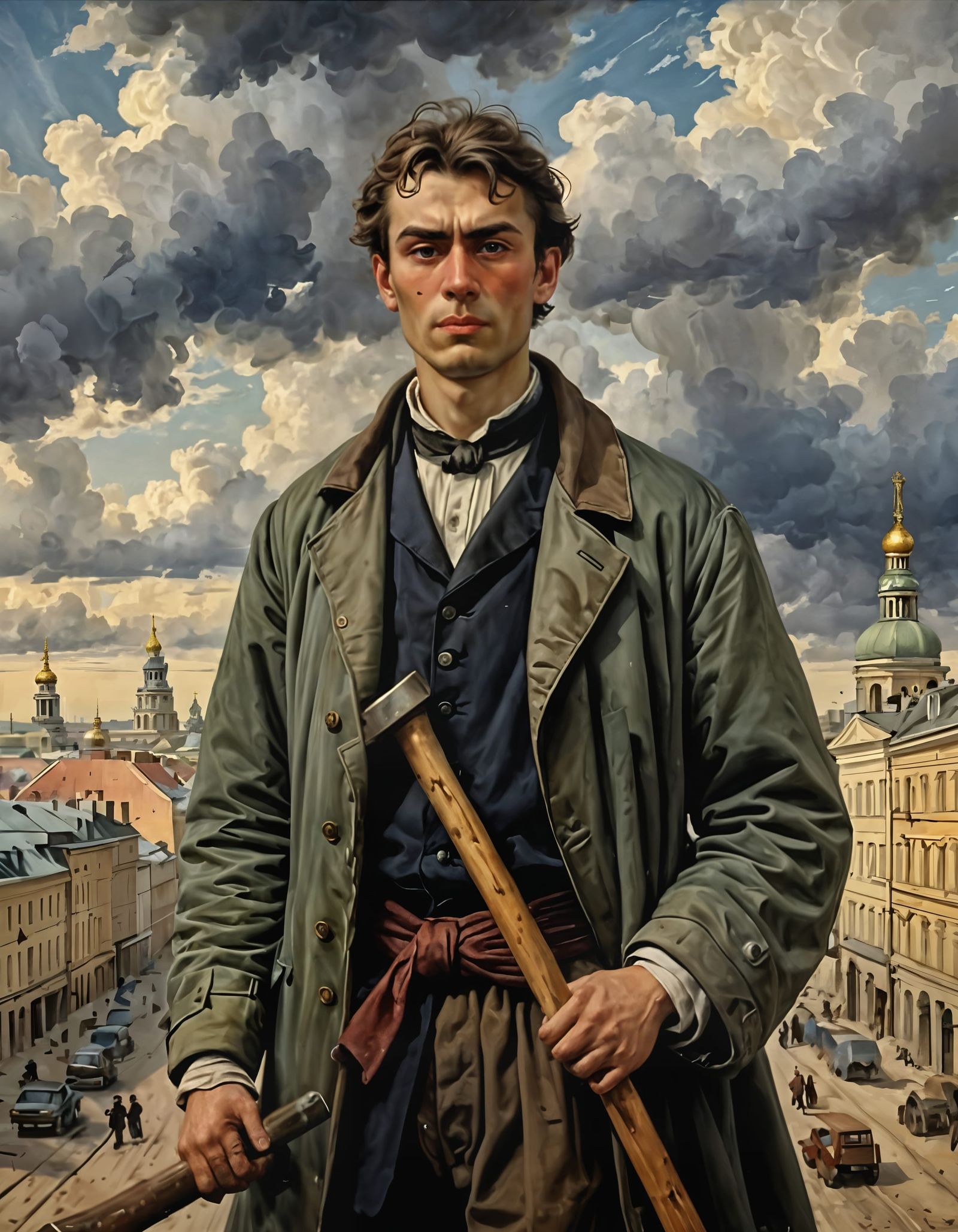 Gloomy 19th Century Student with Axe: Oil Painting