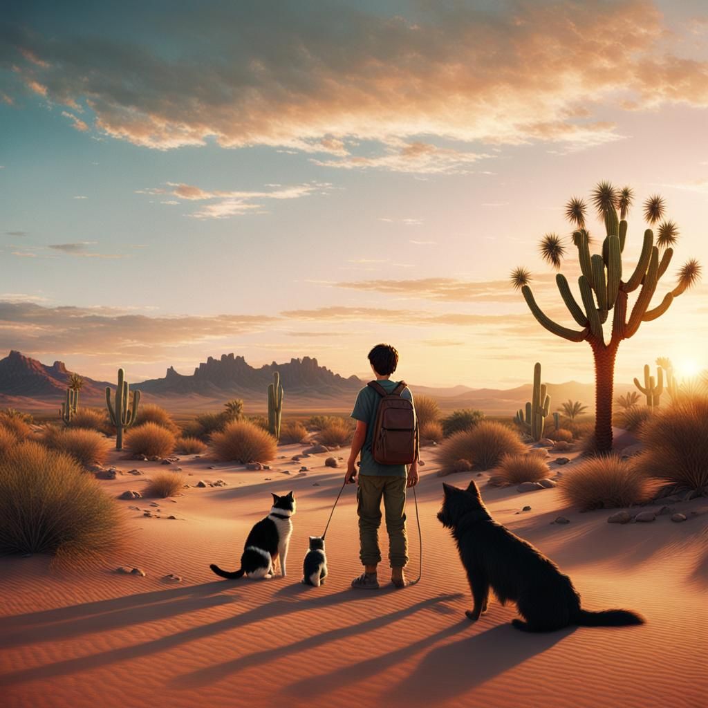 Desert Oasis Sunset: Boy, Cat, and Dog