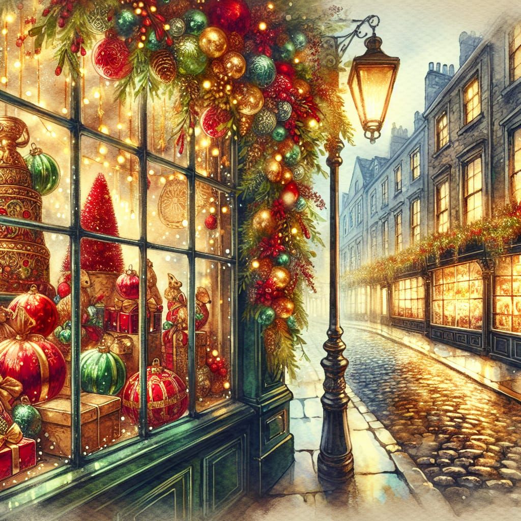 Christmas Shop Window in Watercolor Style