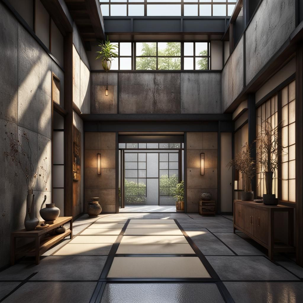 Wabi Sabi Industrial Entryway with Sunrise Light