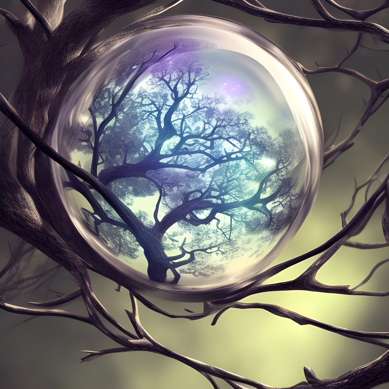 Glass Sphere in Tree Branches: Cottagecore Dreamscape