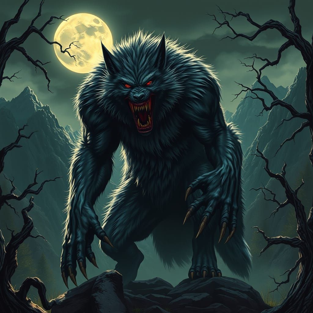 Gigantesque Werewolf Under Sienese Moonlight in Mountainous ...
