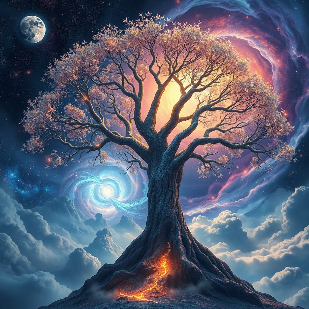 Surreal Cosmic Tree Ascends Galaxy's Heart