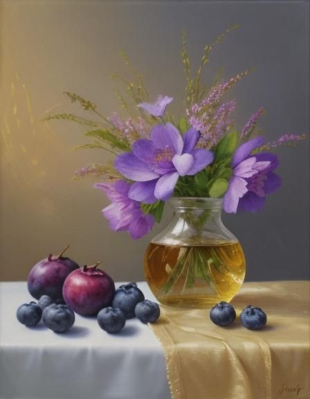 Blueberries and Honey Still Life Oil Painting