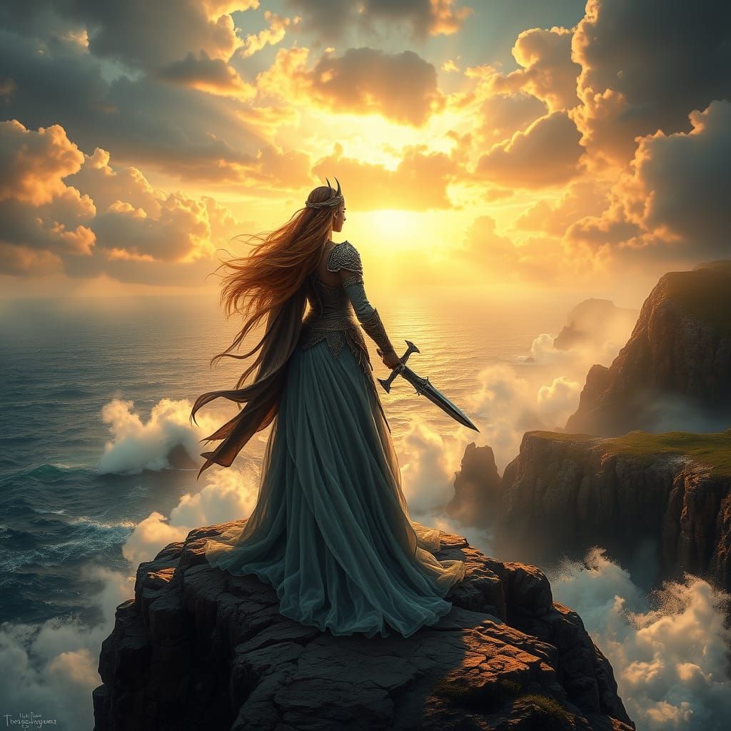 Warrior Queen Overlooks Stormy Ocean Vista in Golden Hour Li...