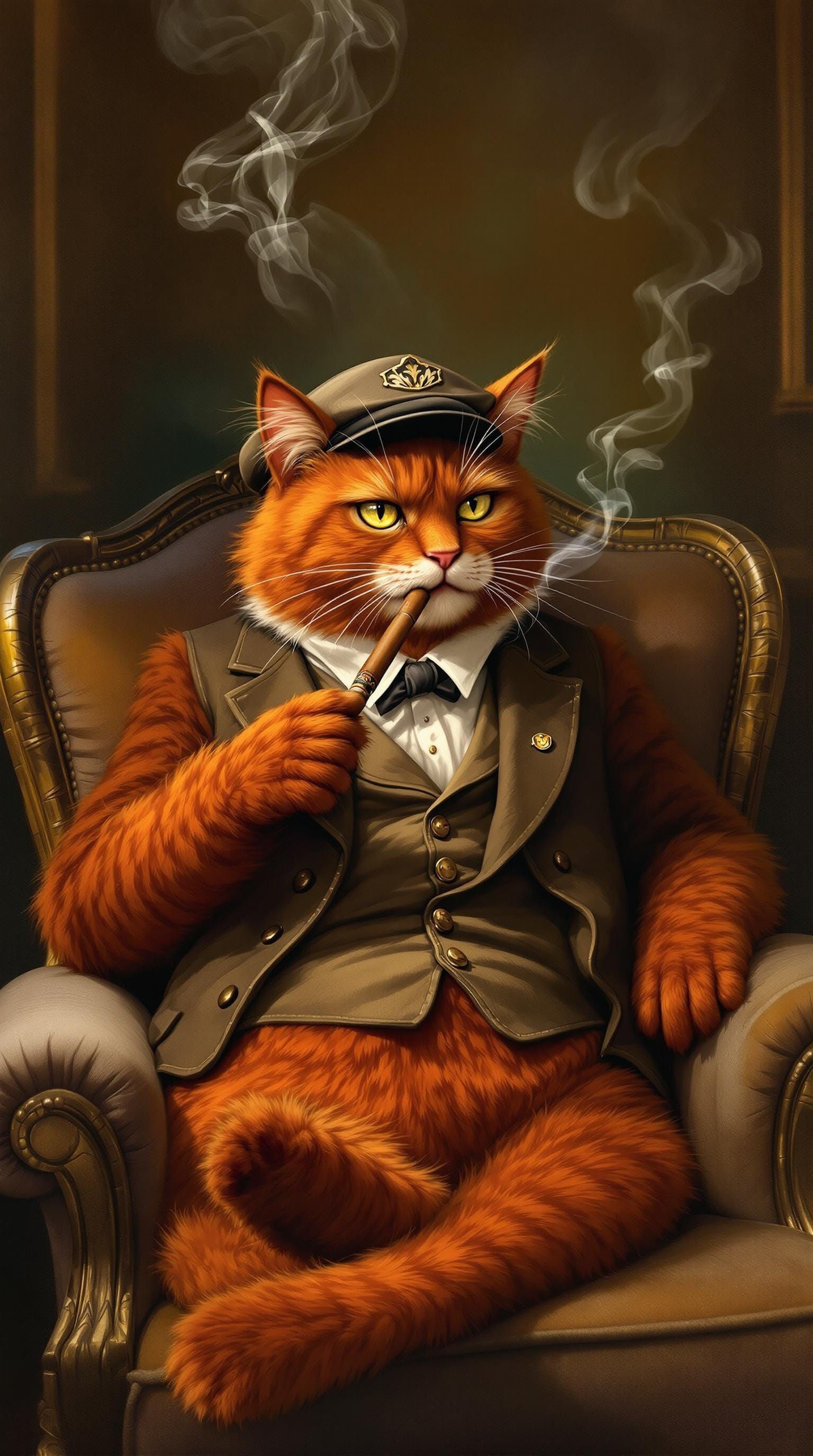 A fat red cat smokes