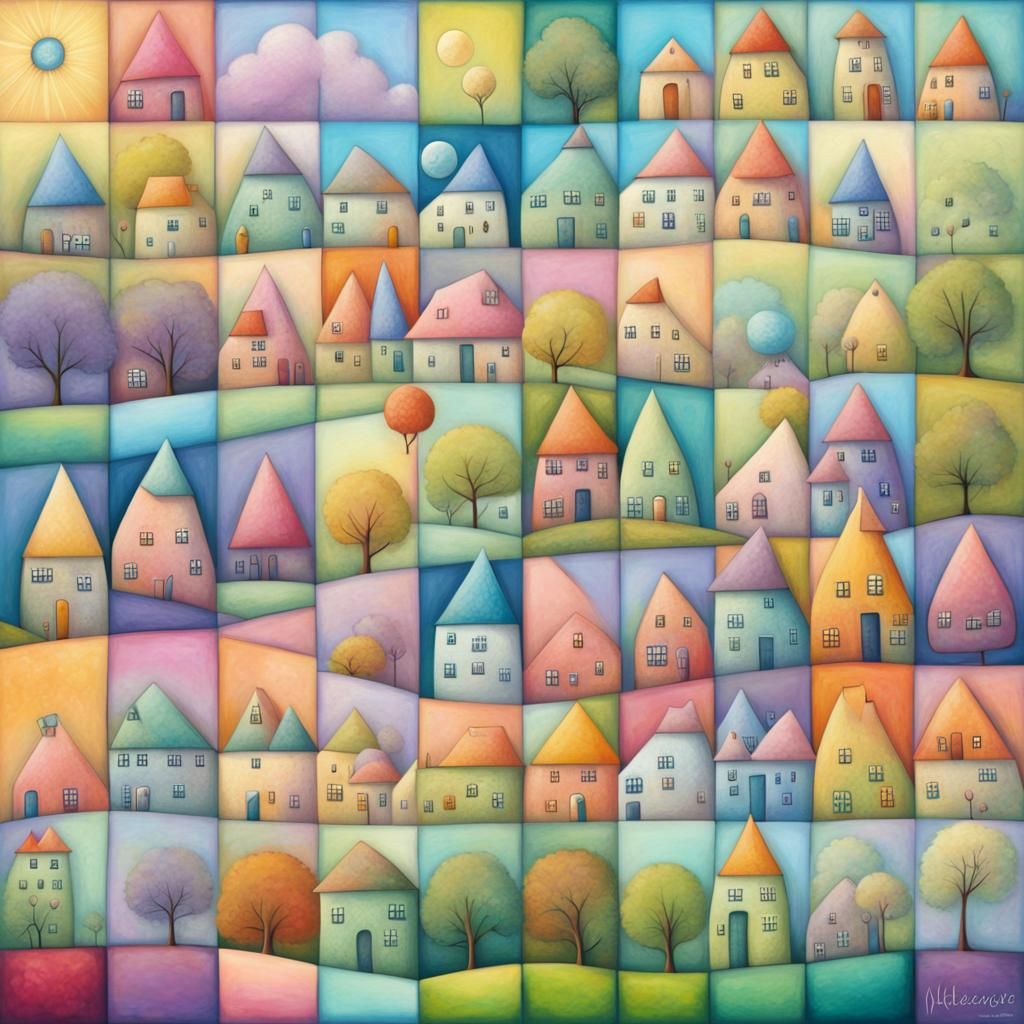 Pastel Zentangle Landscape with Expressive Faces