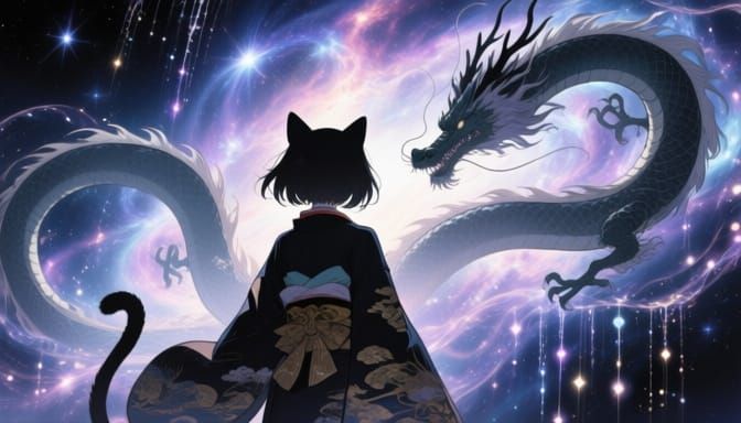 Cat Girl and Dragon in Ukiyo-e Style