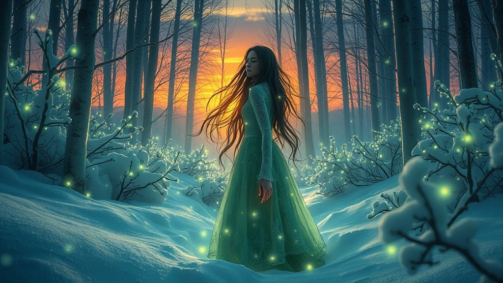 Whimsical Winter Wonderland with Glowing Forest and Fairies