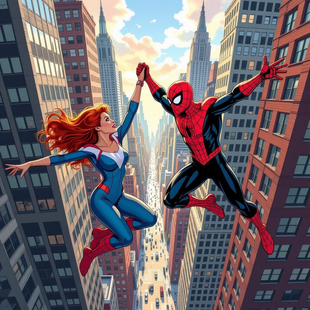 Mary Jane and Peter Parker Reach Out Between Manhattan Build...
