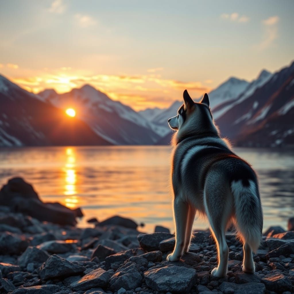 Husky Gazes at Sunset Over Snowy Mountains