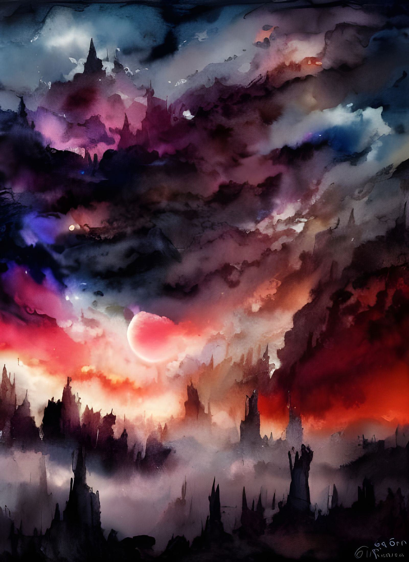 Cosmic Tower Above Clouds in Expressionist Style