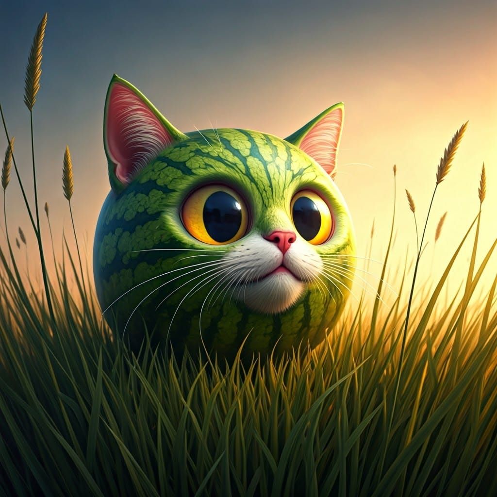Vibrant Watermelon Feline in Tall Grass, Rendered in Hyperre...