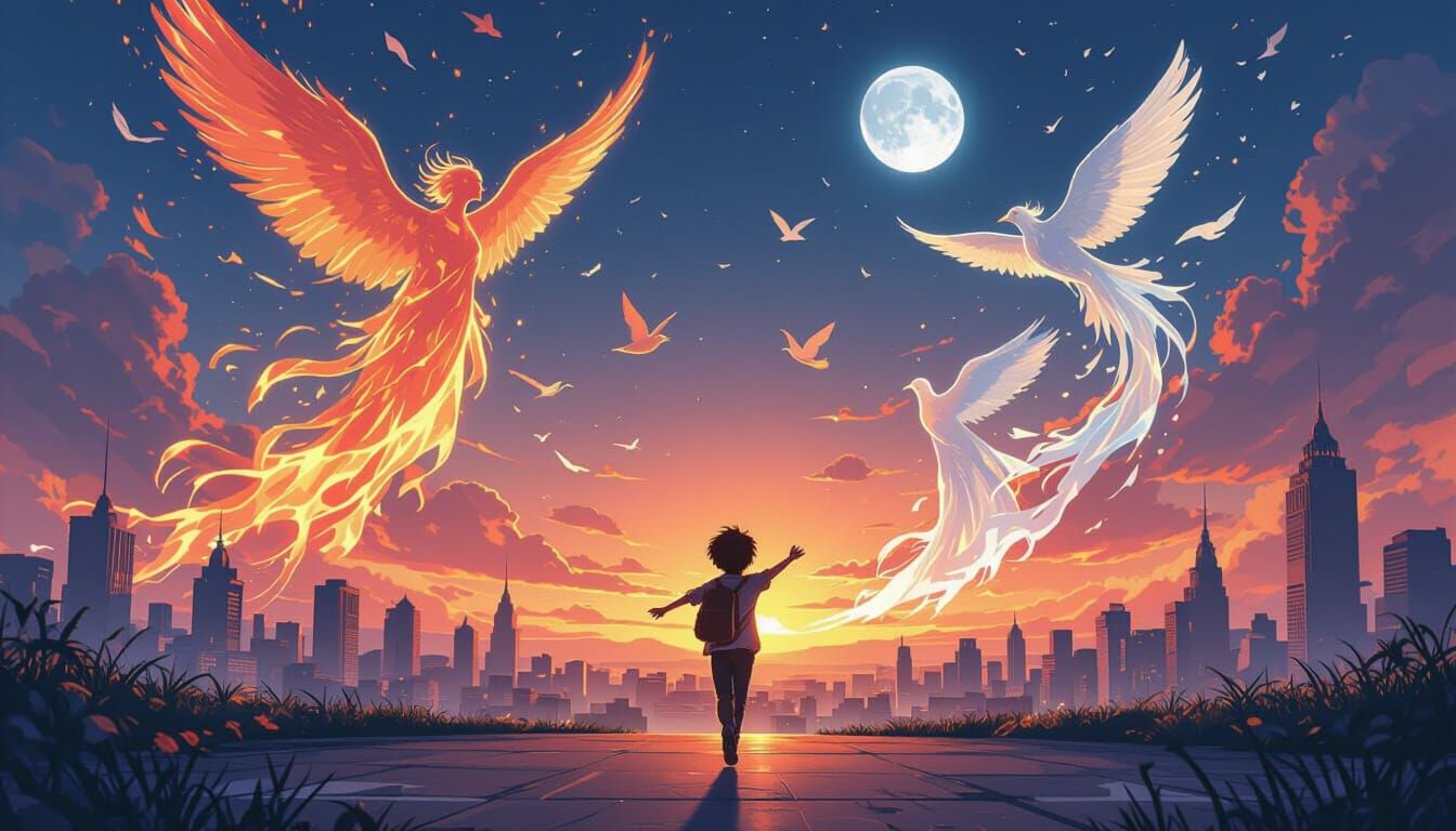 Dynamic Cityscape with Fiery Figures in Anime Style