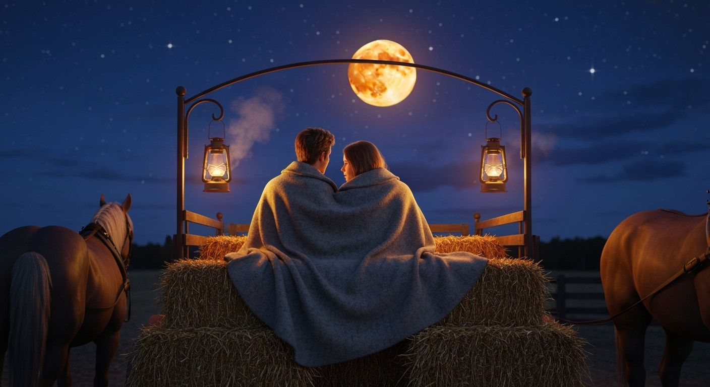 Romantic Autumn Hayride Under Harvest Moon in Photorealistic...