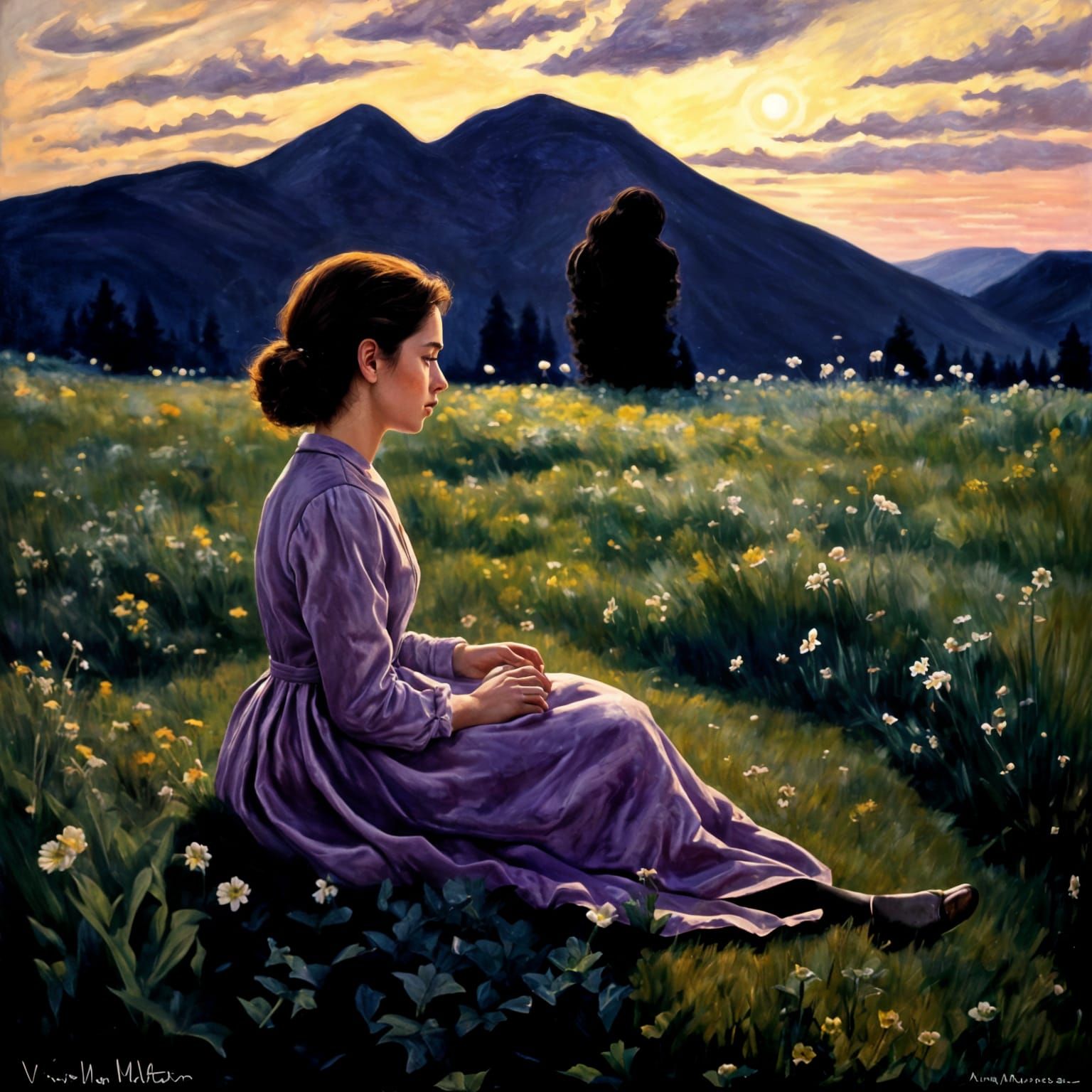 Stargazer, Twilight meadow, velvet painting, glimmering, pos...