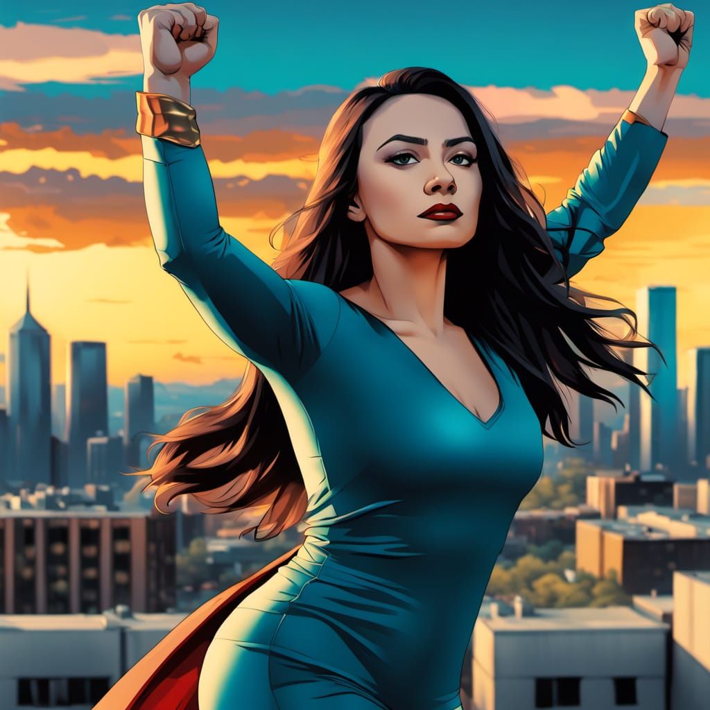 Marvel Heroine in Sunset Cityscape