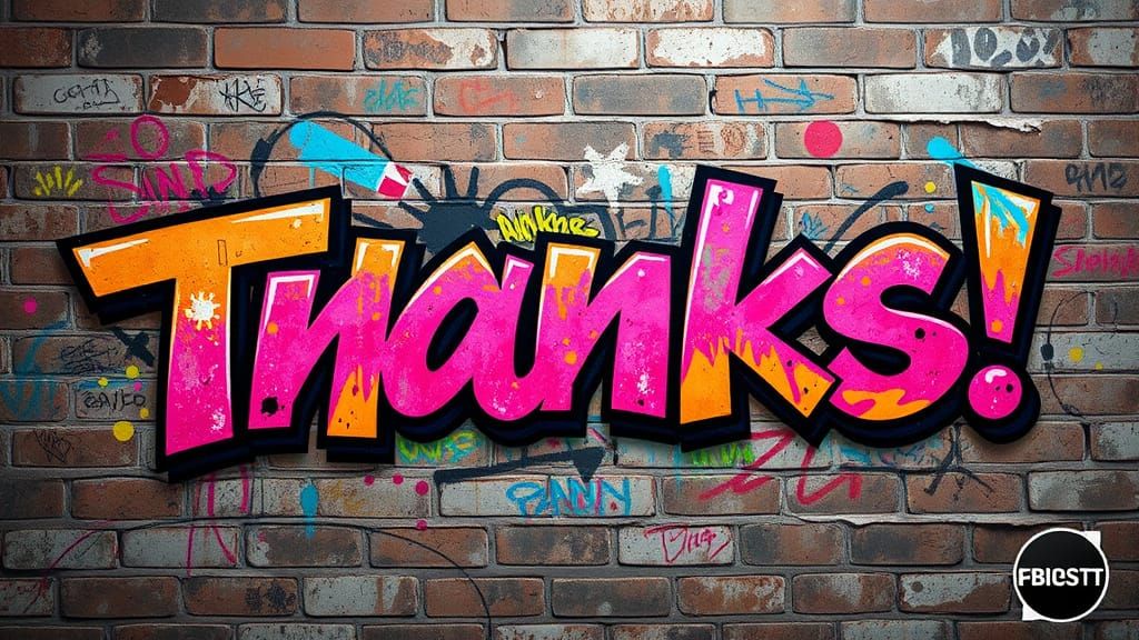 Vibrant, stylized graffiti letters spelling out the word "Thanks !" in bold, 3D effect, with thick outlines and dynamic ...