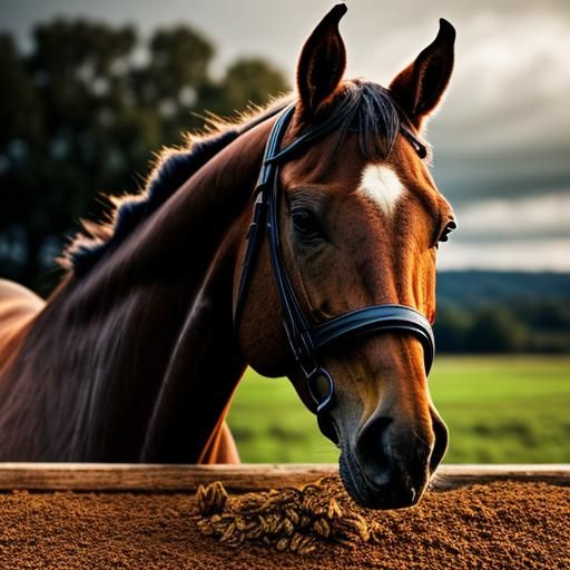 Hyperrealistic Brown Horse Eating Oats in Sharp Focus