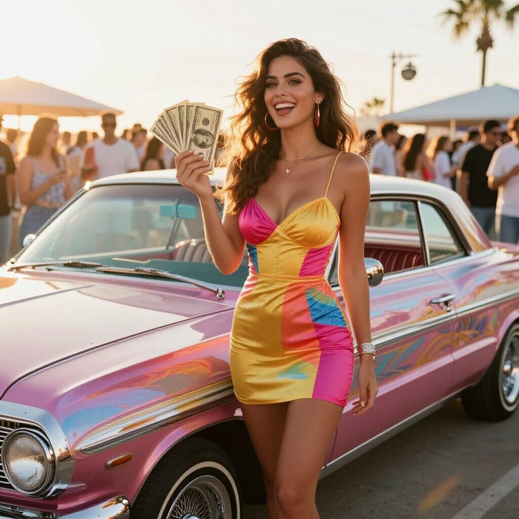 Woman with Lowrider at Golden Hour Beach Party