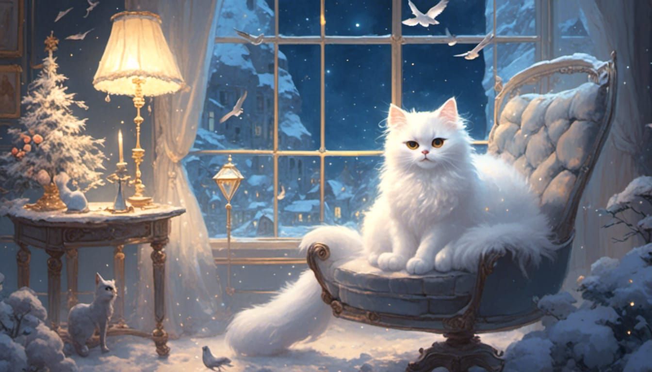 <lora:eye:1.0> cute, fluffy big eyed white cat sitting in a chair, winter scene,birds diamond lamp