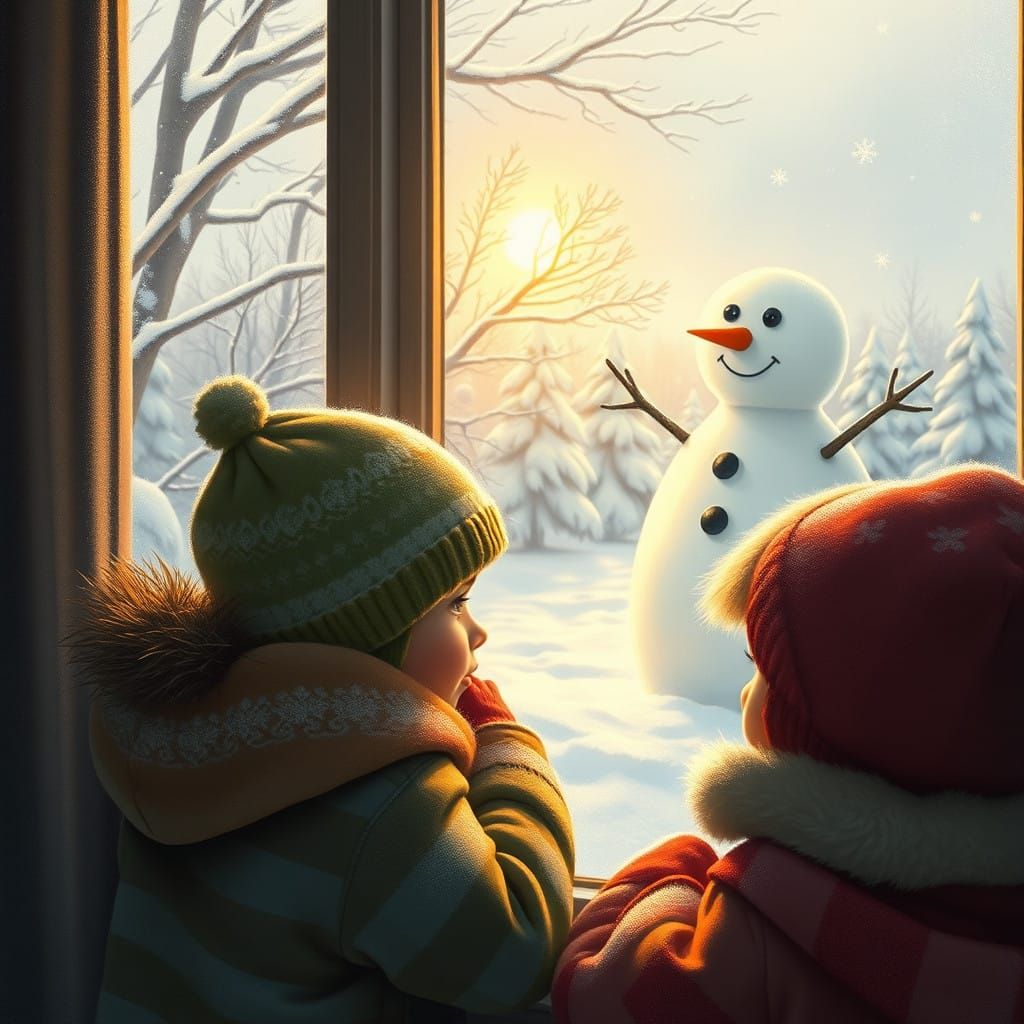 Children looking through a window at a snow covered garden