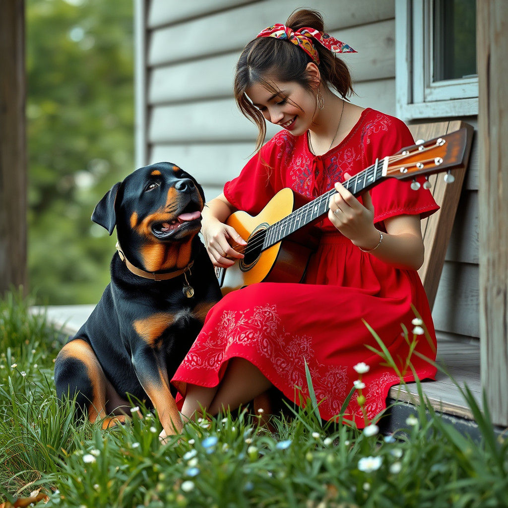 Woman with Guitar on Porch in Art Nouveau Style
