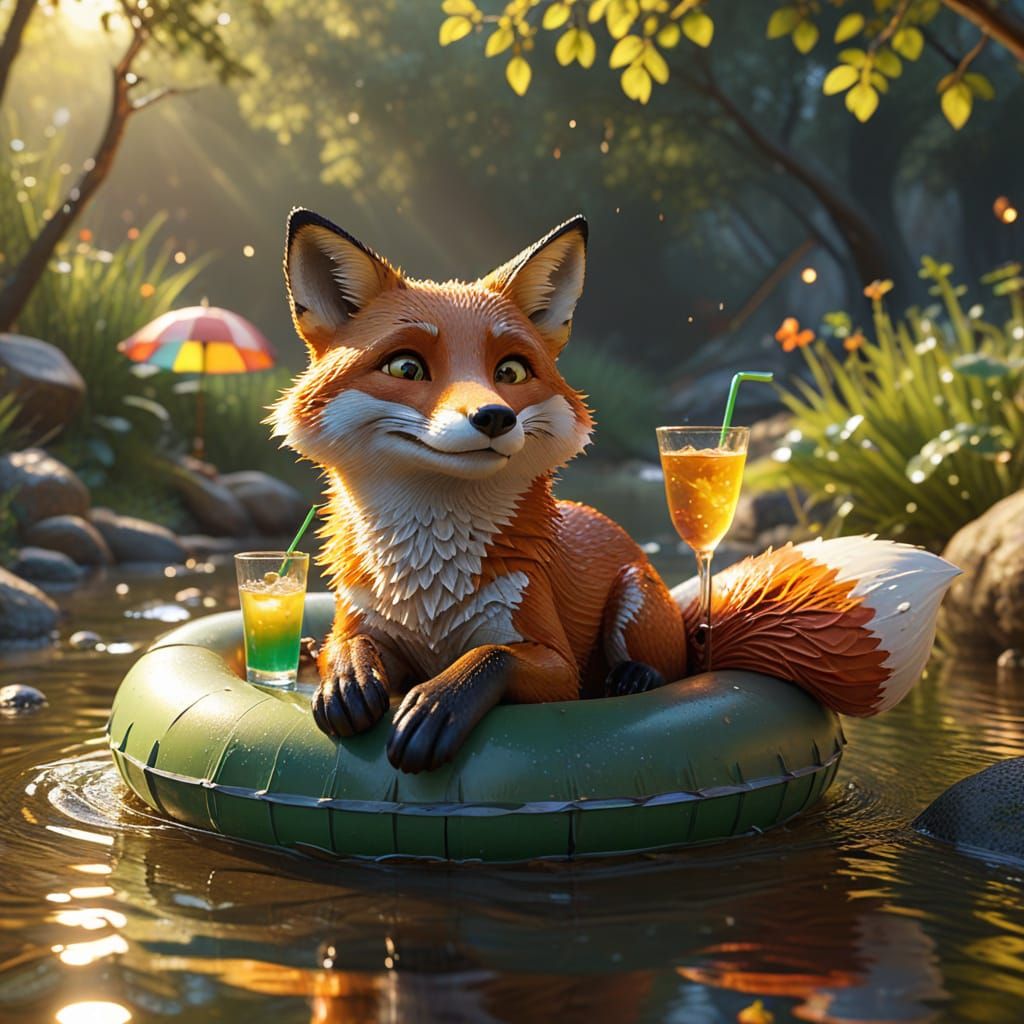 Fox Relaxing on Inner Tube: 3D Digital Art