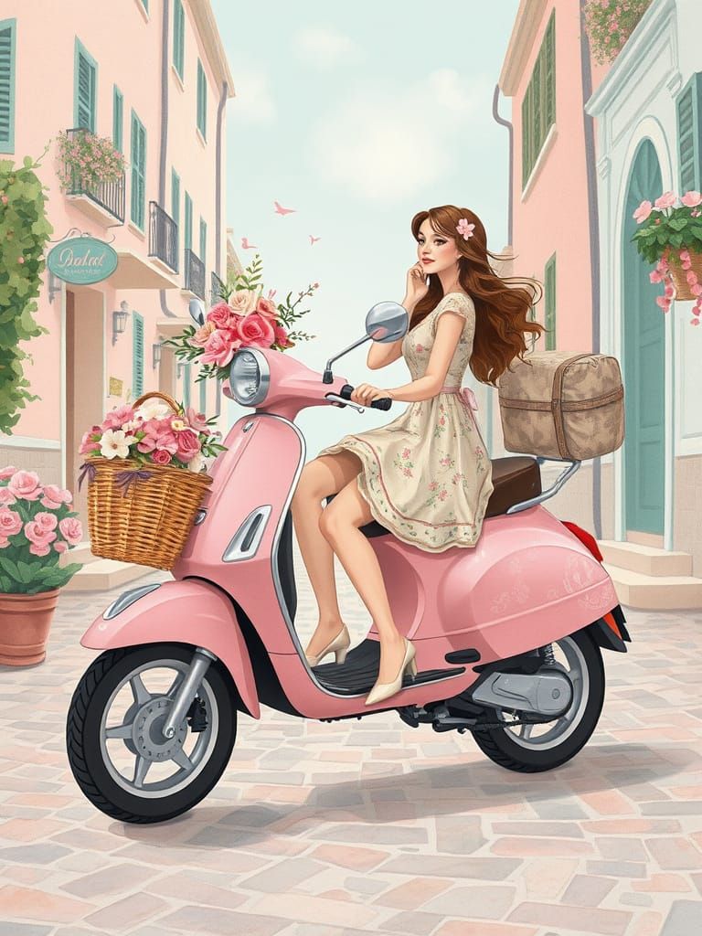 Woman on Floral Scooter in Dreamy Pastel Illustration
