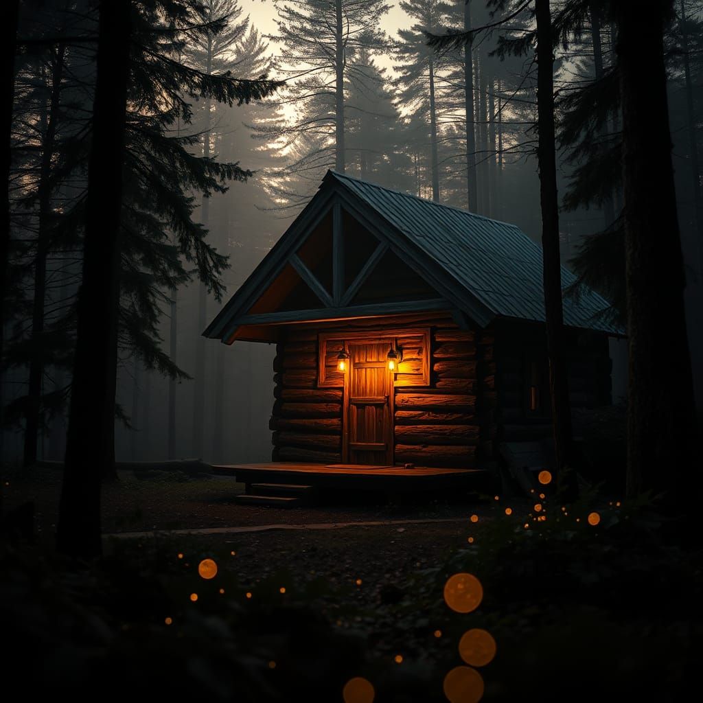 Rustic Log Cabin in Misty Forest at Dusk