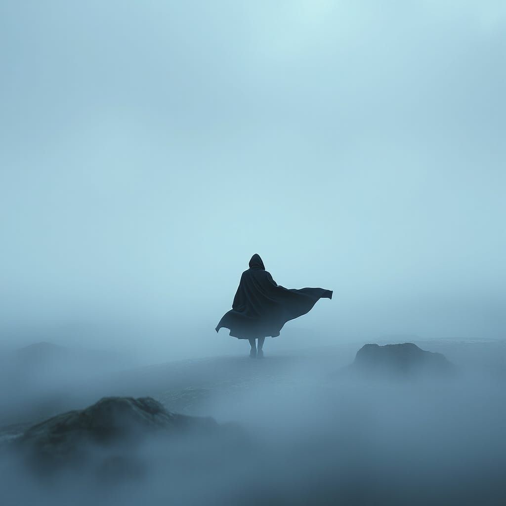 Ethereal Figure in Sapphire and Ash Landscape