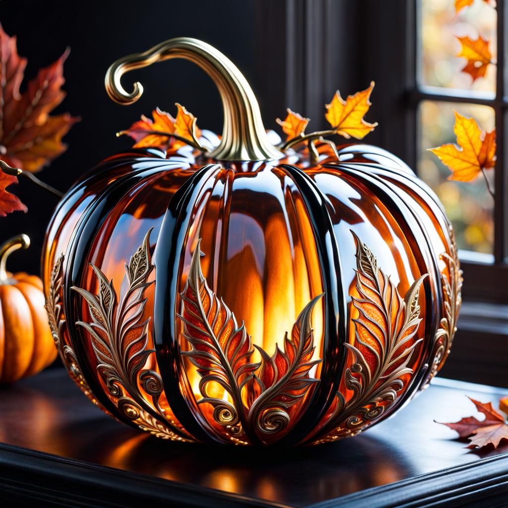 Detailed Glass Pumpkin with Autumnal Filigree