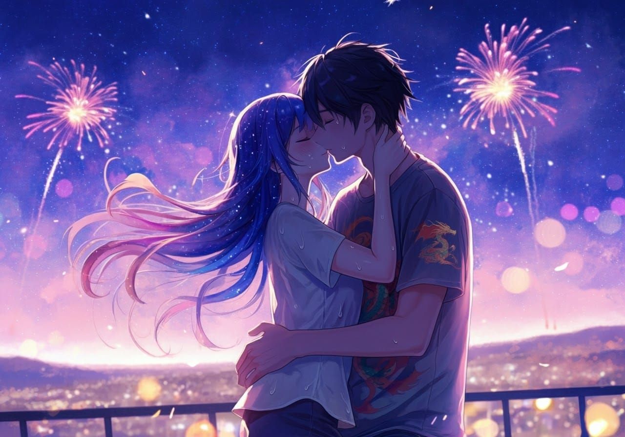 Anime Fireworks Festival: Passionate Embrace in Pastel Style