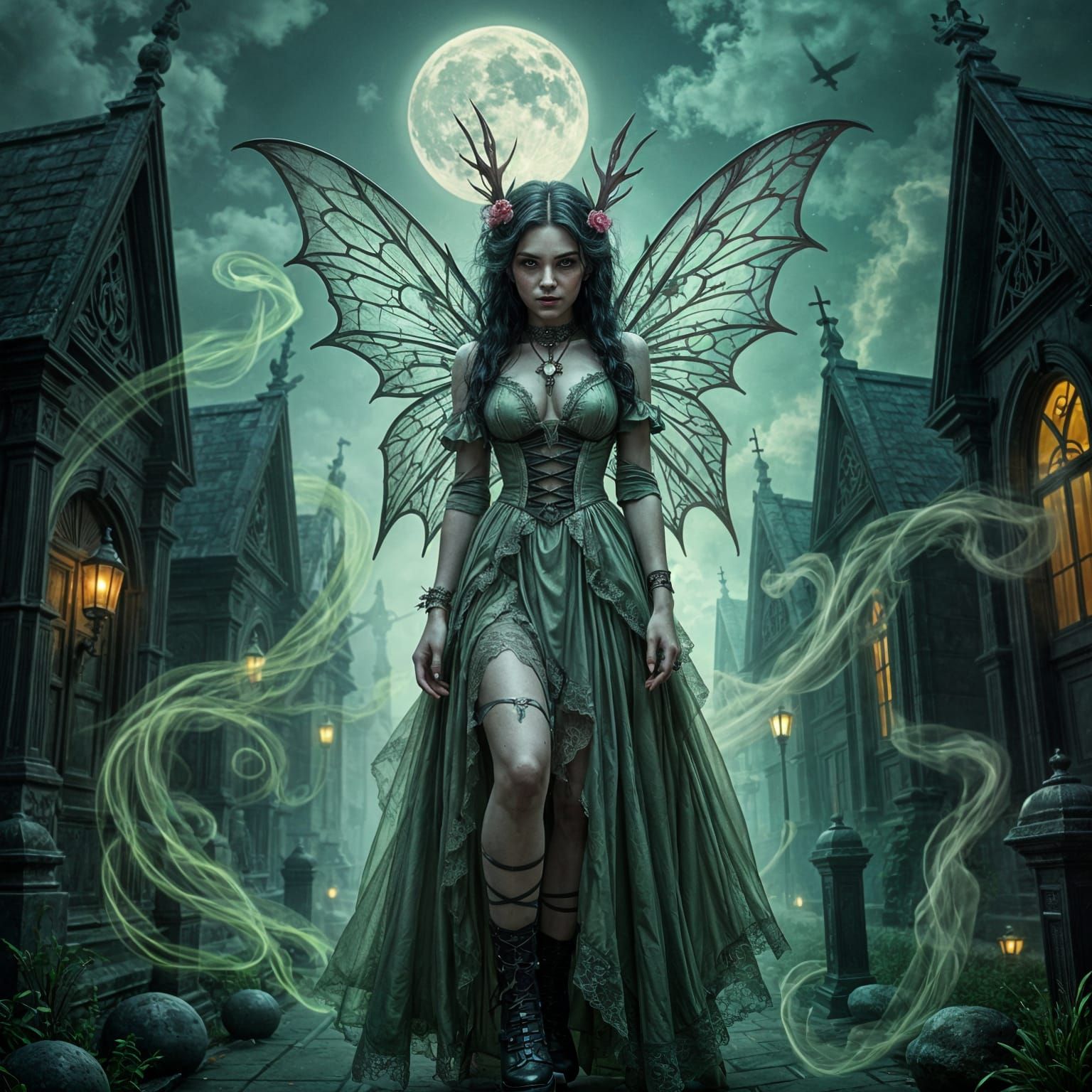Victorian Cyberpunk Pixie in Graveyard with Green Mist