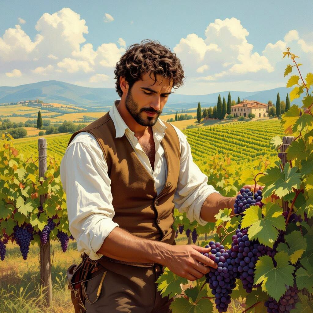 Italian Man Tending Vines as CGI Oil Painting