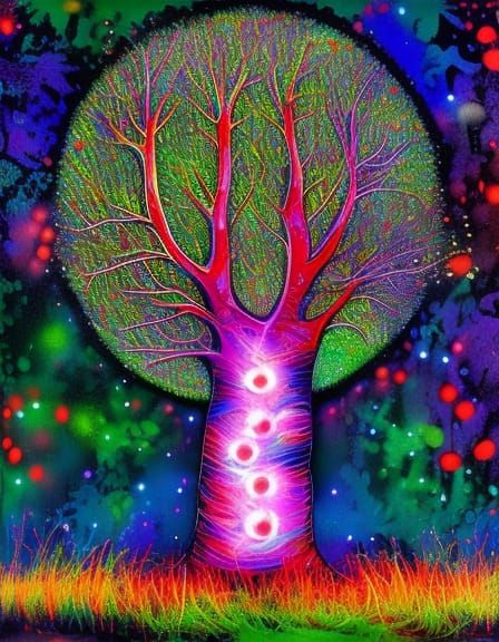 Symmetrical Tree with Sparkling Lights in Graffiti Art Style