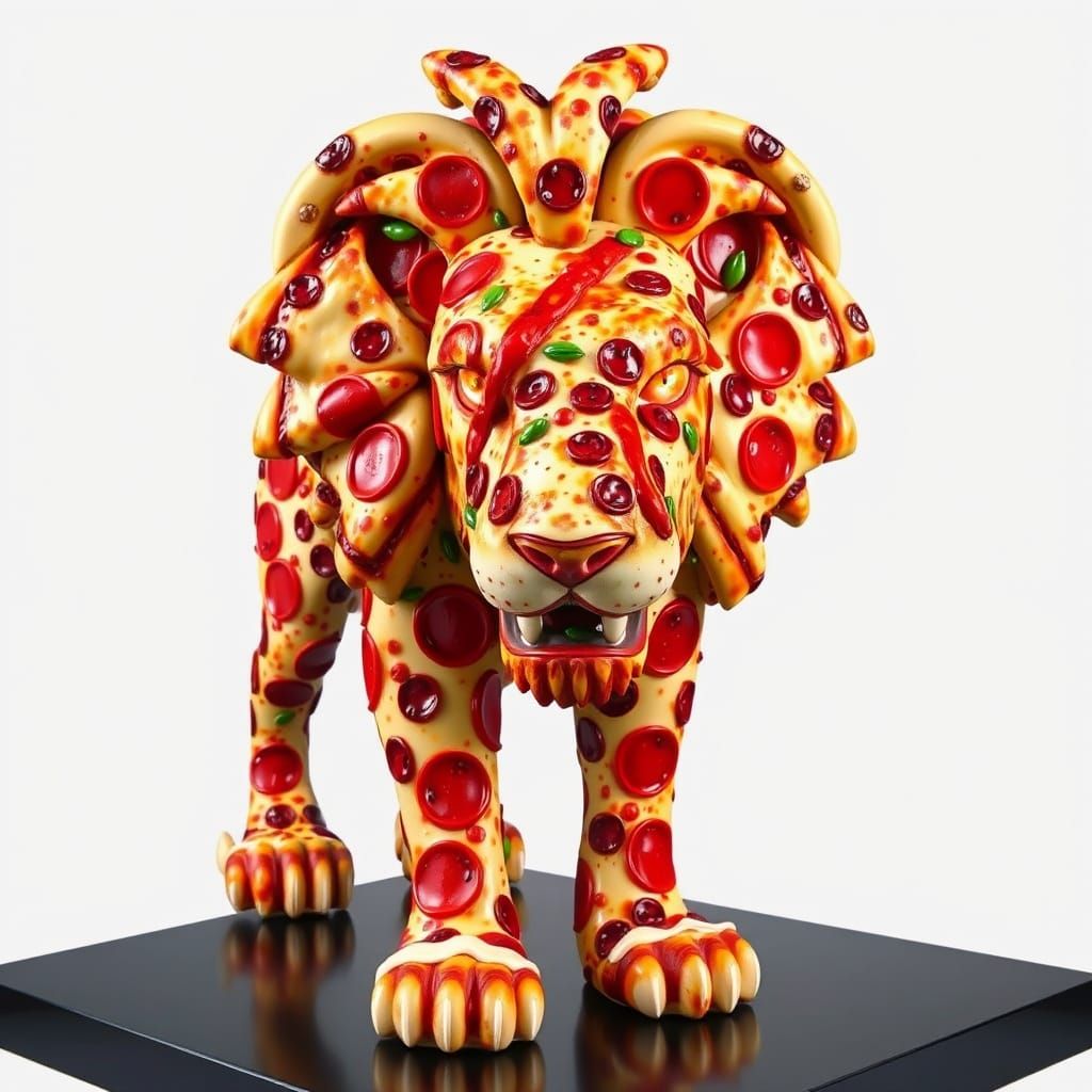 Vibrant Pizza Lion Sculpture in Surrealist Digital Art Style