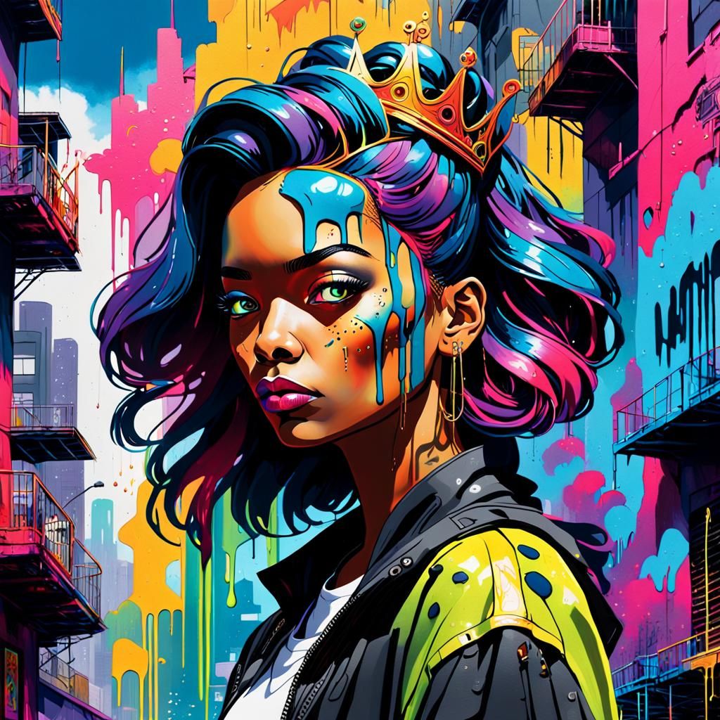 Empress Janet in Vibrant, Dystopian Graffiti