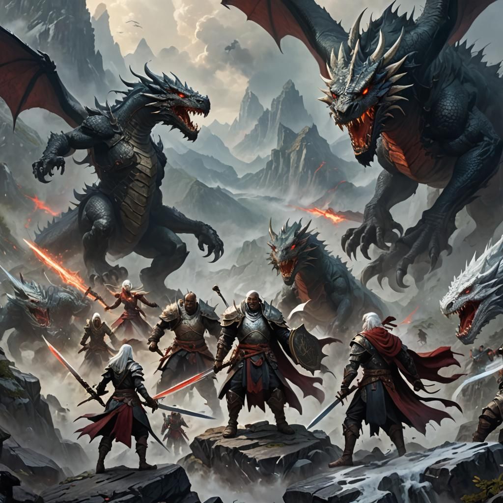 Epic Fantasy Battle Against Dragon in Misty Landscape