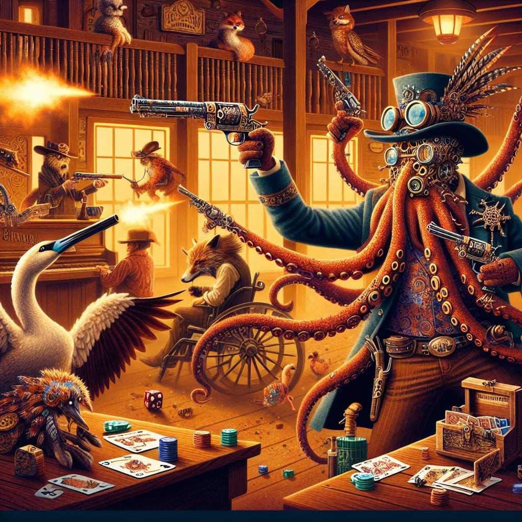 Steampunk Octopus Cowboy Gunfight in Wild West Saloon